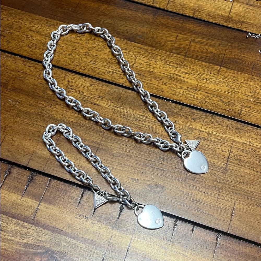 Guess Silver Heart Charm Necklace and Bracelet